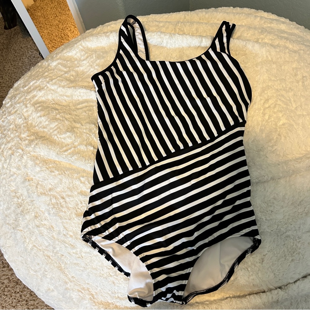 Lands' End Black & White Stripped 1-piece Swimsuit - 10
